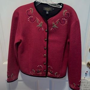 Icelandic Design Embroidered 100% Wool Button Up Jacket Black Velvet Trim